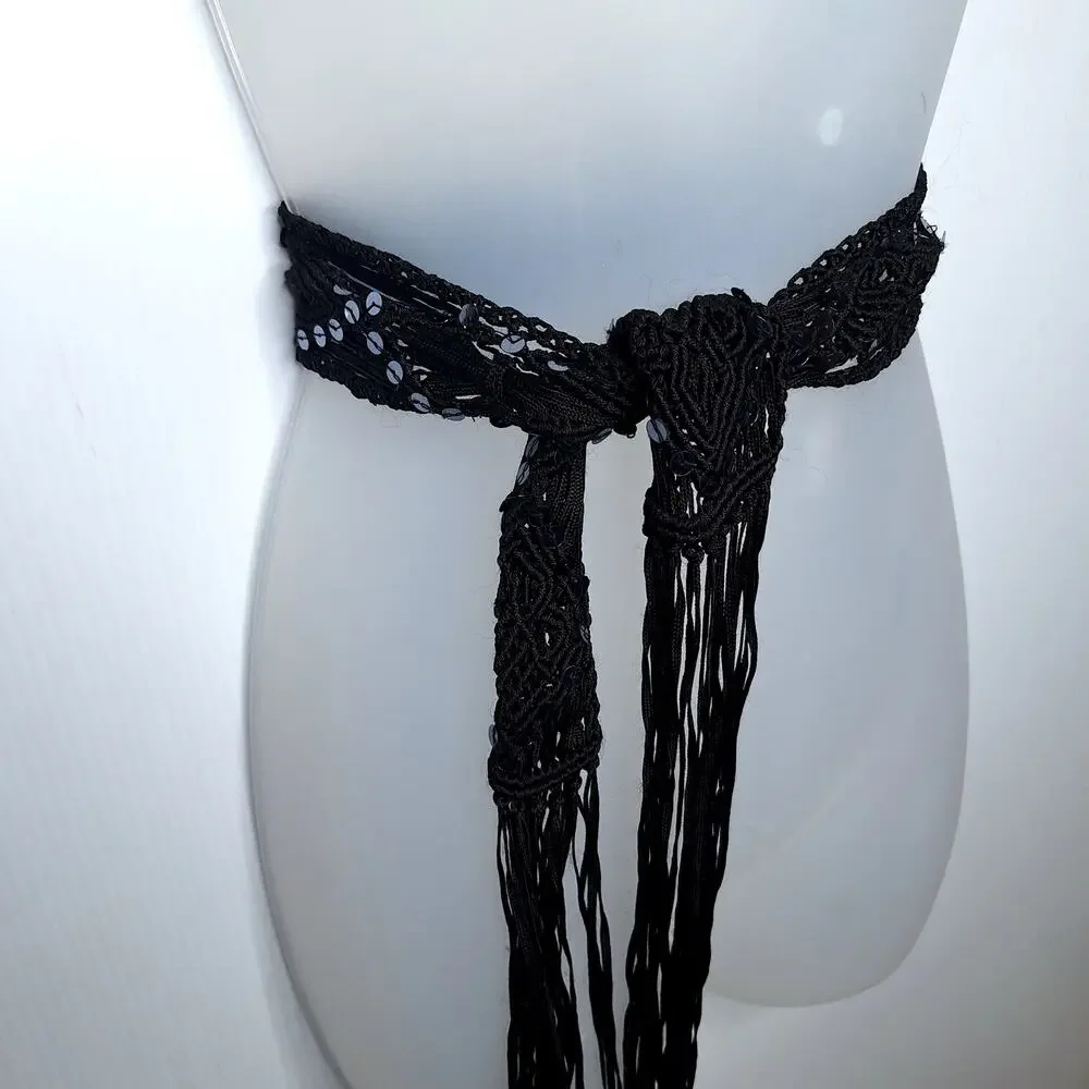 Vintage Y2K Crochet Fringe Belt Sequin Macrame Fairy Whimsygoth Boho Festival SM